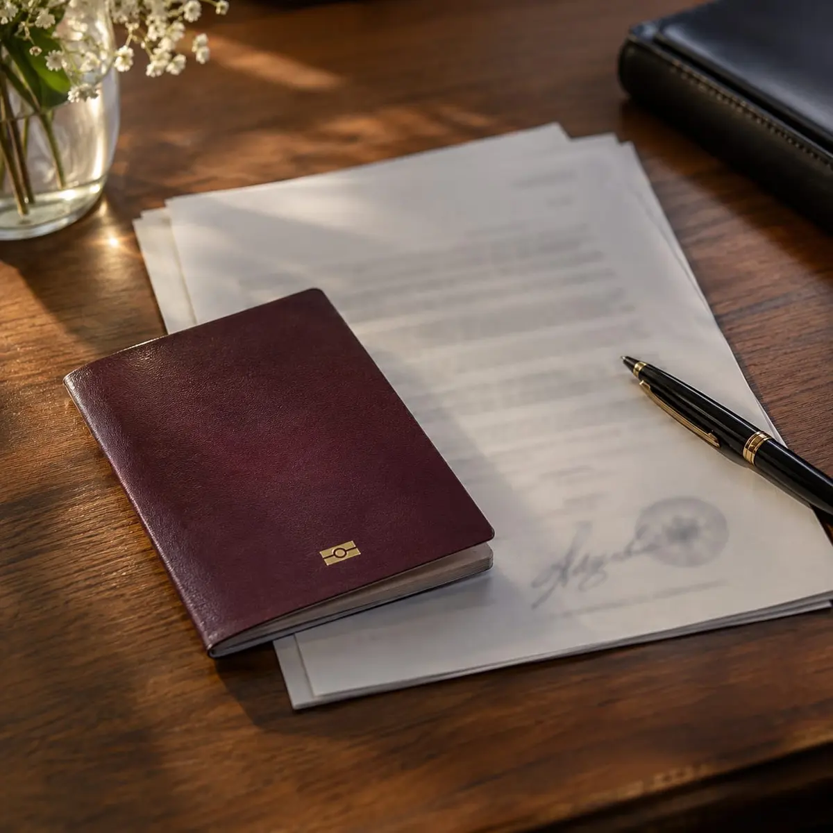 A passport and signed official documents on a desk