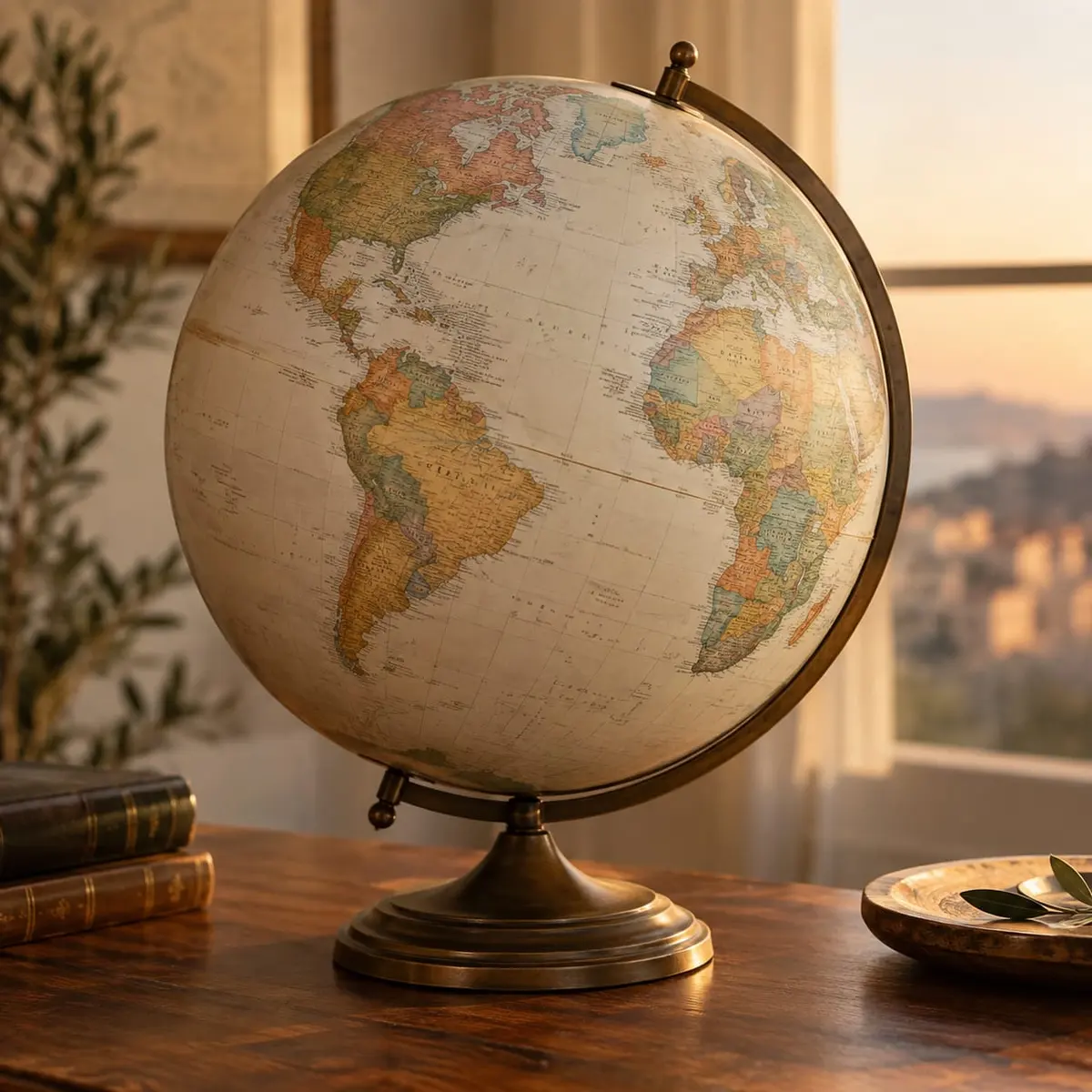 An antique globe on a desk in evening light