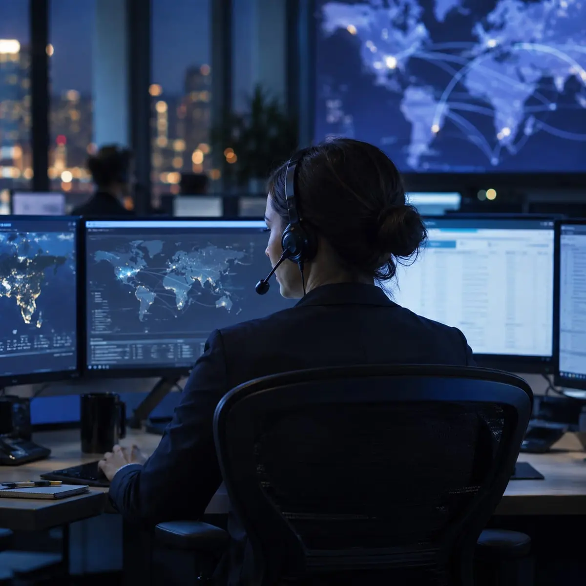 A coordinator wearing a headset at monitoring screens at night