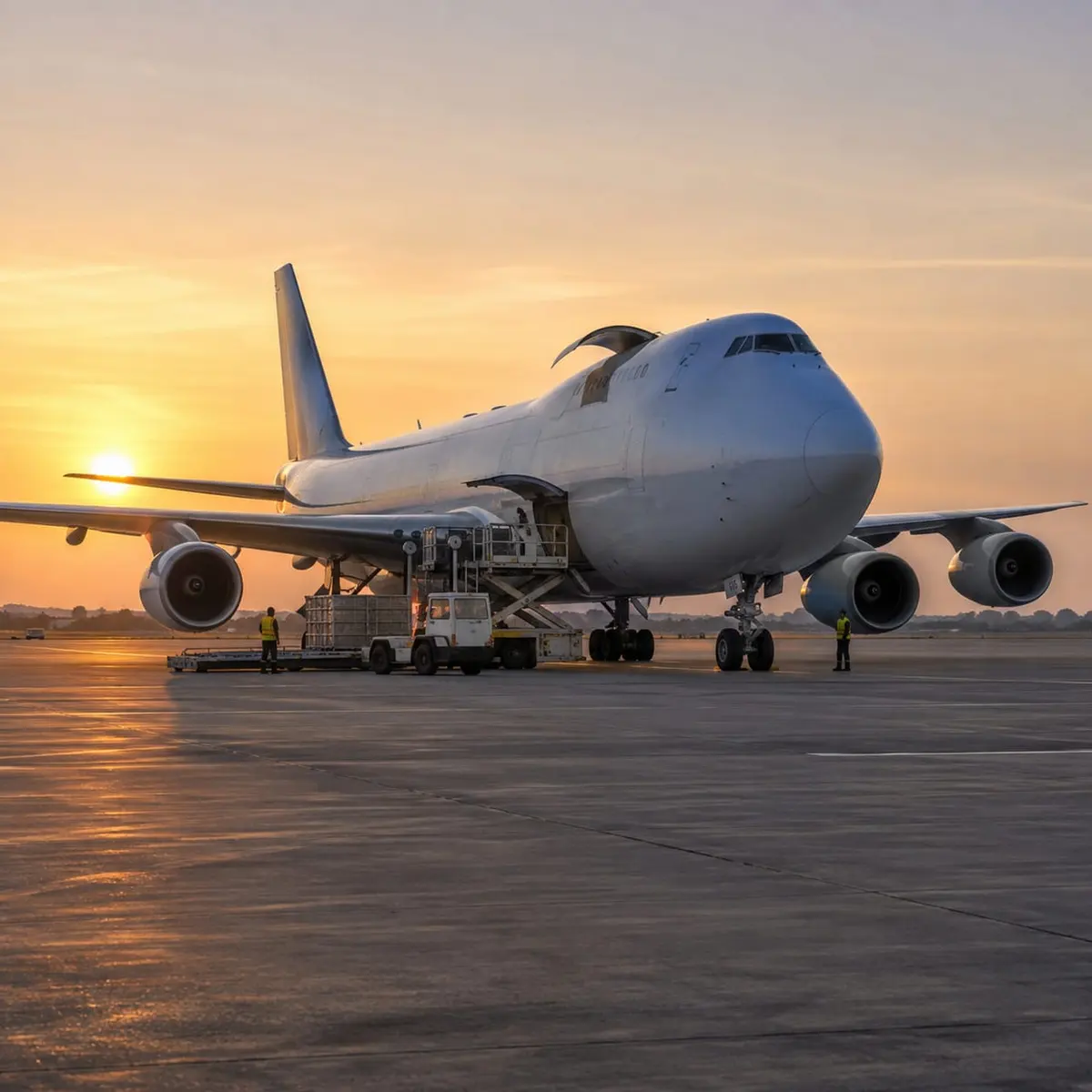 A cargo aircraft on the apron at sunset