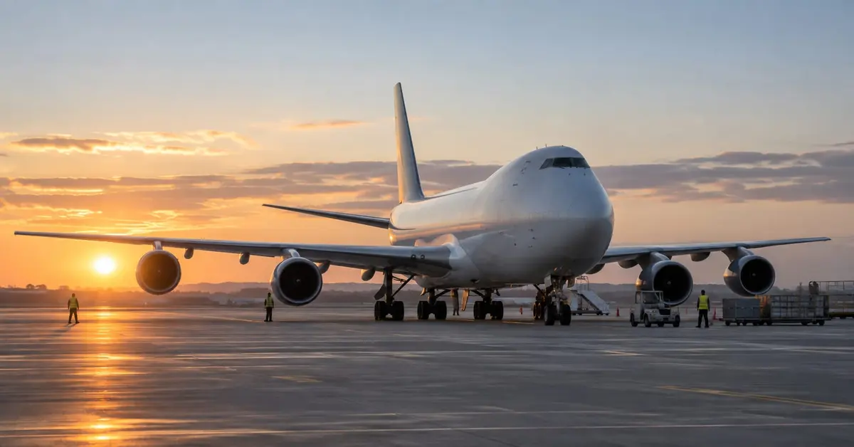A cargo aircraft on the apron at sunset, with ground crew beside it